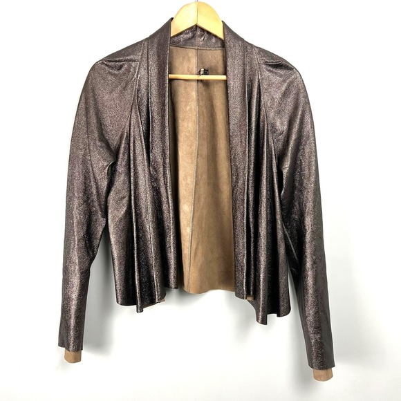 Rozae Nichols Womens Metallic Bronze Genuine Leather Open Front Jacket XL Drapey